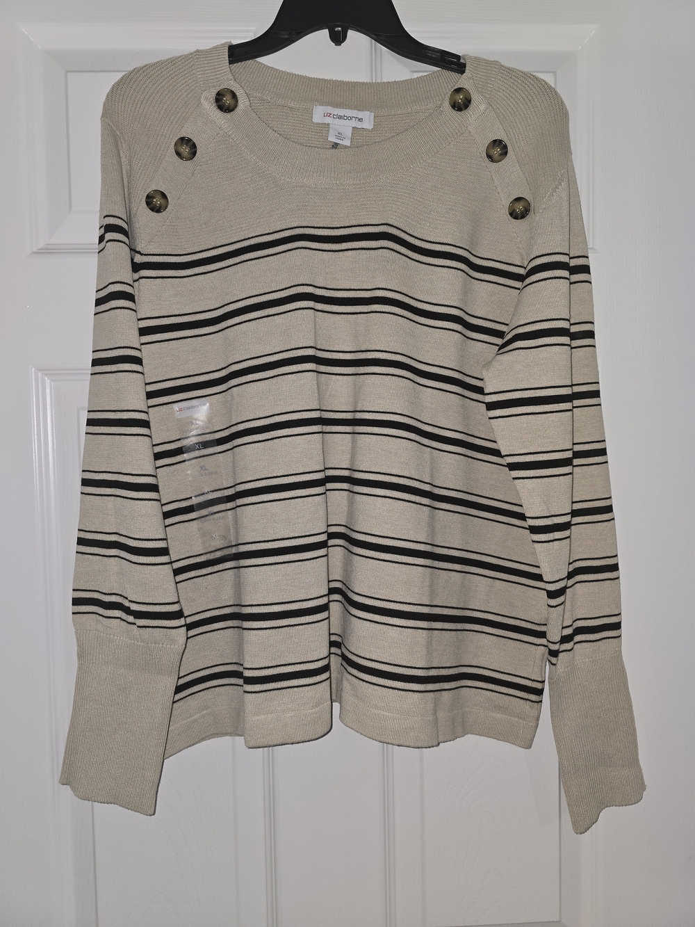 Liz Claiborne Beige and Black Striped Button-Shoulder Sweater Top